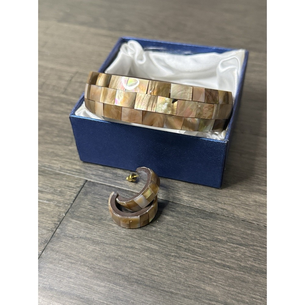 Brown Abalone Shell Inlay Resin‎ Bangle Bracelet And Hoop Earrings Set